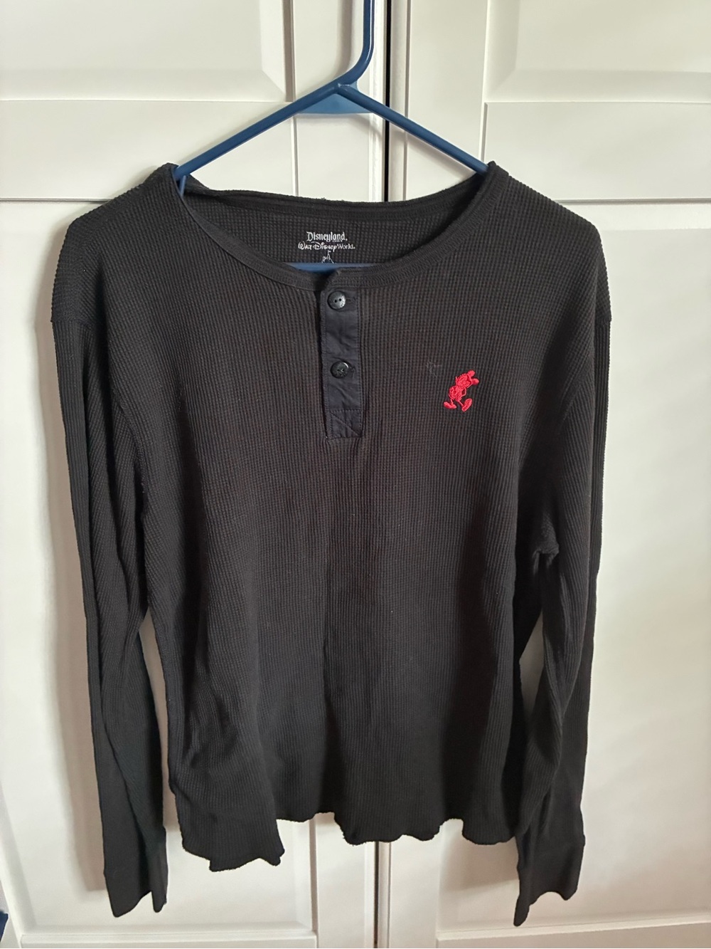 Disney Black Waffle Knit Long-Sleeve Henley with Red Embroidered Character